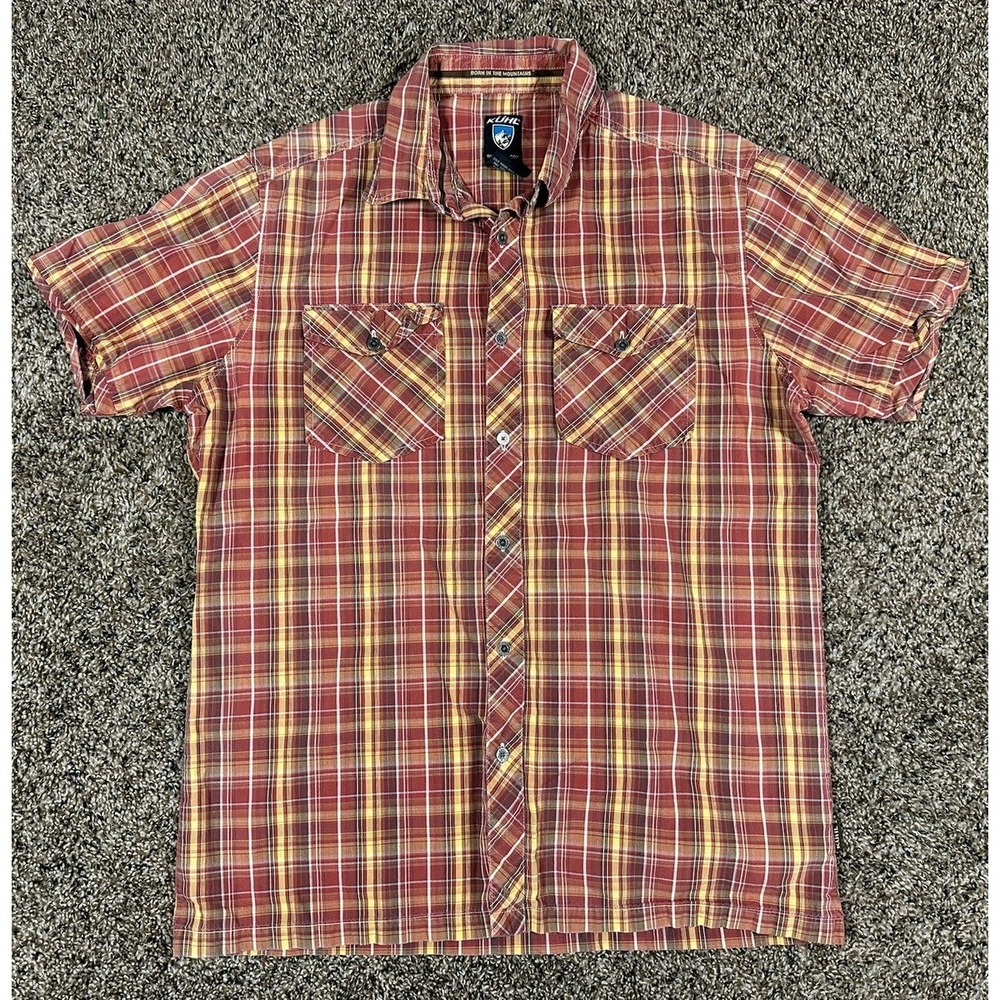 Kuhl Shirt Brown Plaid Suncel Short Sleeve Metal Buttons Outdoor Hiking Medium